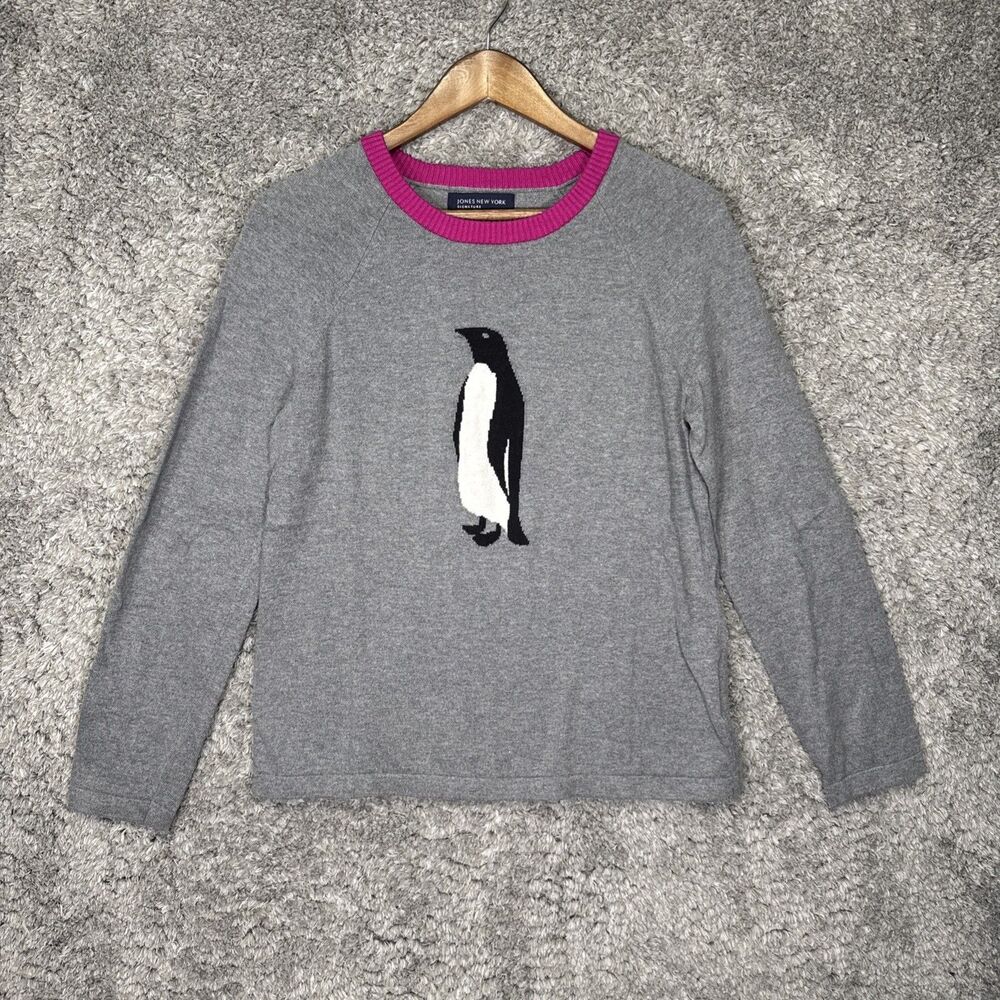 Jones New York Penguin Novelty Graphic Sweater Medium Grey Wool Blend